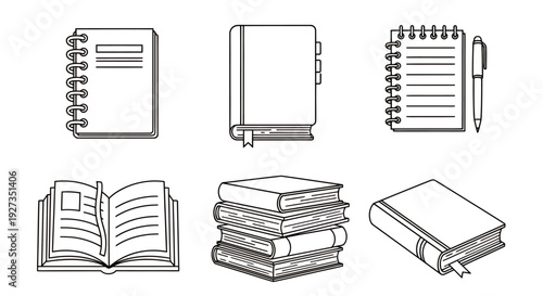 Assorted writing and reading materials including notebooks and books arranged for study and leisure.