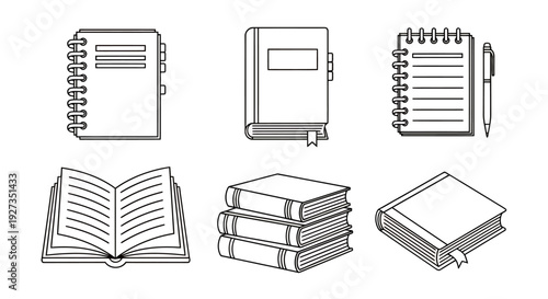 Collection of assorted notebooks, journals, and books with writing tools and study materials.