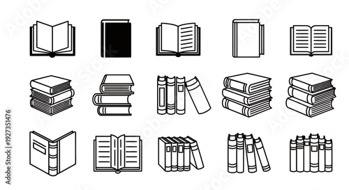 Collection of monochrome book icons showing open, closed, and stacked pages in various angles.