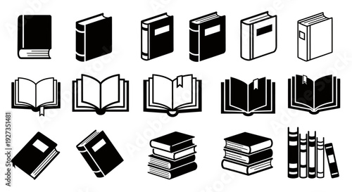 Assorted black and white book icons in open and closed orientations, stacks and scattered.