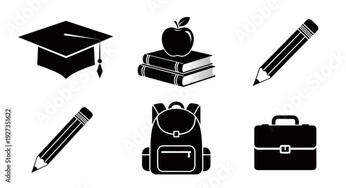 Educational Icons Featuring Graduation Cap, Books, Apple, Pencils, and Backpack.
