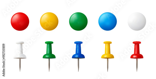 Realistic colorful push pins and magnets set. Isolated 3D stationery PNG with transparency for office boards, school notices, and digital moodboards.