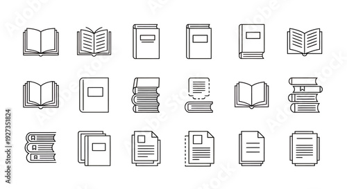 Collection of grayscale book icons in various open and closed positions and angles.