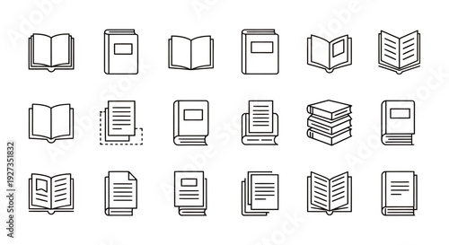 Set of monochrome book icons in various open and closed positions for graphic design.