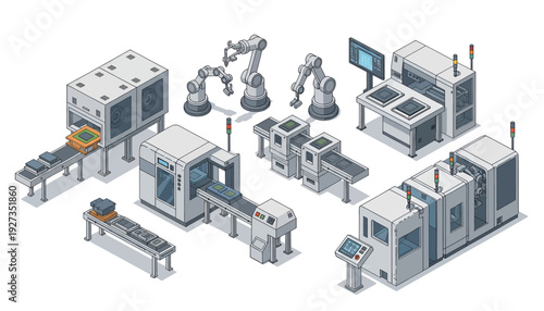 Industrial machinery and robotic equipment in a manufacturing setting.