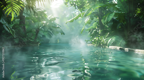 Wallpaper Mural A tranquil jungle scene featuring a serene pool surrounded by lush greenery and soft mist. Torontodigital.ca