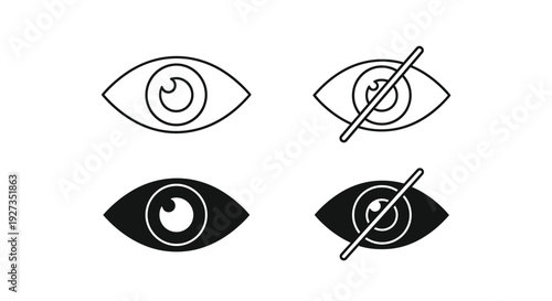 Vector graphic set of four distinct eye icons representing visibility and hidden status in outline and solid styles