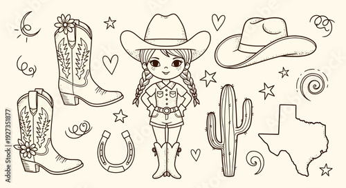 Cute Cowgirl Illustration: Cowboy Boots, Hat, Cactus, Texas Map, Horseshoe