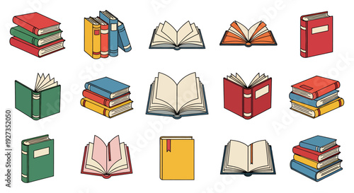 Collection of colorful open and closed books arranged together in a collage for reading and learning themes.