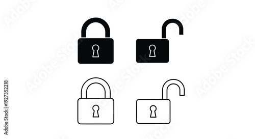 Set of vector graphic illustrations depicting various locked and unlocked padlock icons in solid black and outline styles
