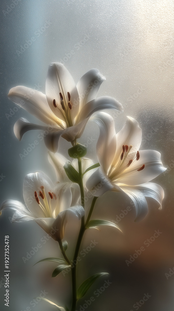Fototapeta premium 曇りガラスの向こうの白ユリ / White Lilies Behind Frosted Glass