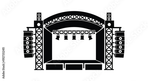 Black silhouette vector illustration of an outdoor concert stage setup with lighting equipment and large speaker towers, perfect for music event designs.