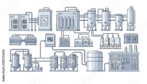 Industrial Process Flow Diagram with Various Machinery and Equipment.