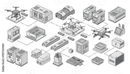Detailed isometric illustration of various industrial and technological components.