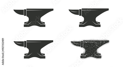 A collection of sturdy blacksmith anvils presented as detailed vector illustrations, showcasing various industrial metalworking tools for crafting and design purposes.
