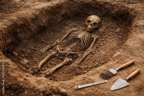 Archaeological excavation revealing a complete human skeleton in a shallow grave, skull and bones clearly exposed in soil with brushes, trowel and tools nearby at the dig site