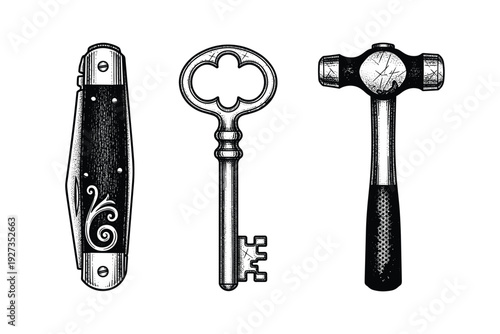 Classic hand tools vector set featuring pocket knife vintage key and iron hammer
