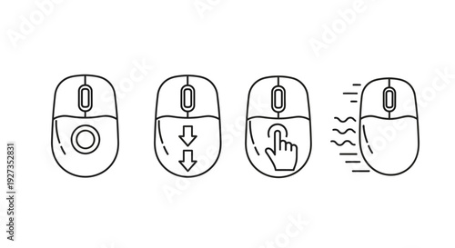 Computer Mouse Functions Icons: Scroll, Zoom, Swipe, Click - Line Art