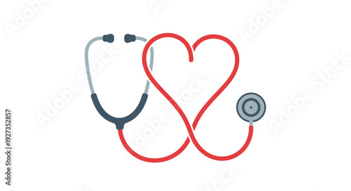 A clean and modern vector graphic illustration featuring a red stethoscope cleverly forming a symbolic heart shape, perfect for healthcare and medical themes.
