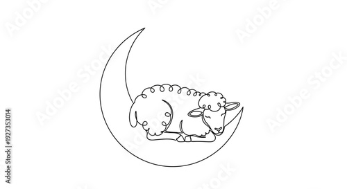 Sleeping Sheep on Crescent Moon, One Line Art, Dreamy Night Sky Illustration
