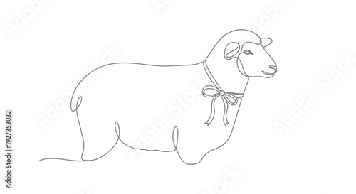 Minimalist single line drawing of a sheep with a bow tie, white background