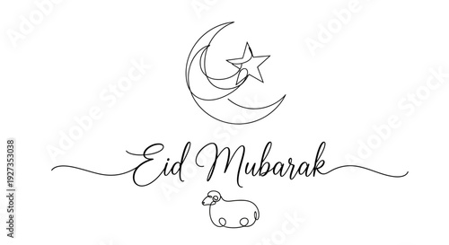 Eid Mubarak Calligraphy with Crescent Moon, Star and Sheep
