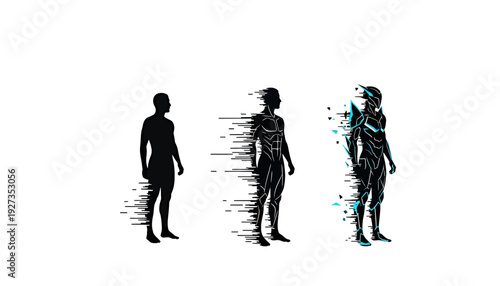 Human figure decomposition into abstract digital particles and lines.