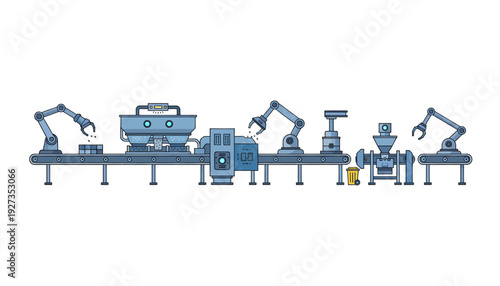 Industrial robotic arms assembly line production process.