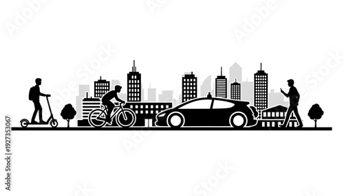 Cityscape with people using various modes of transportation.