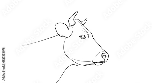 Minimalist Line Drawing of a Cow Head Profile, Simple Farm Animal Art