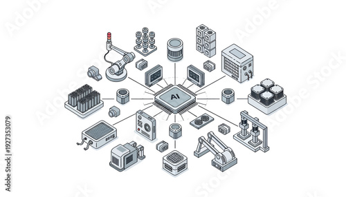 Central Microchip Connected to Various Industrial Machines and Devices.