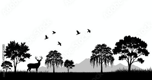Serene forest landscape with deer and birds in silhouette.