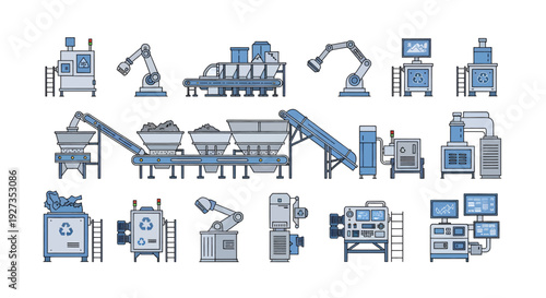 Industrial machinery and equipment icons set in blue and grey.