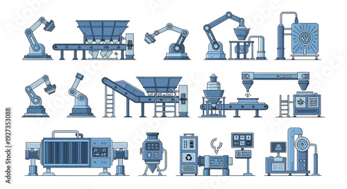 Industrial machinery and equipment icons set in blue.