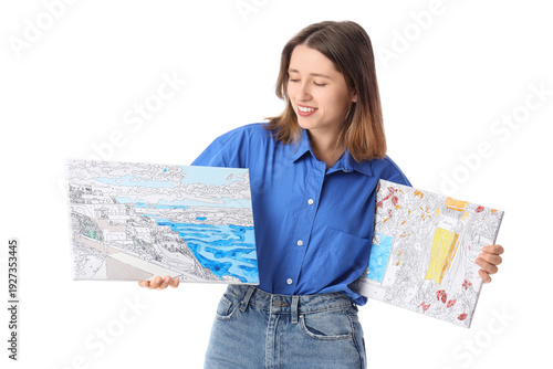 Young woman with paintings ...