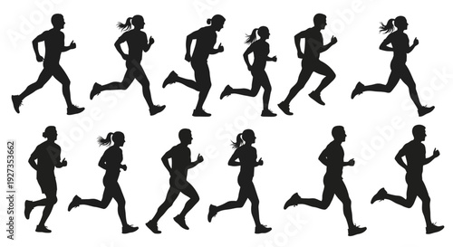 Diverse Runners Silhouette Set: Men, Women, Various Poses, Dynamic Motion