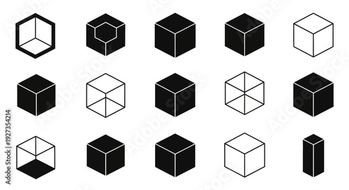 Geometric Cube Icons Set: 3D Shapes, Wireframe, Solid, Outline, Isometric Views