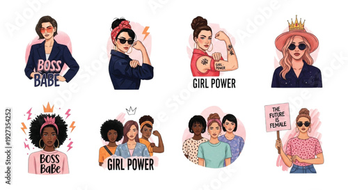 Feminist Girl Power Women Empowerment Illustration Set for Women's Day
