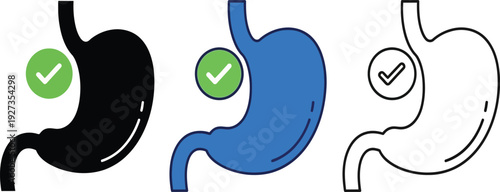 A set of three stomach icons in different colors and line styles with green checkmarks