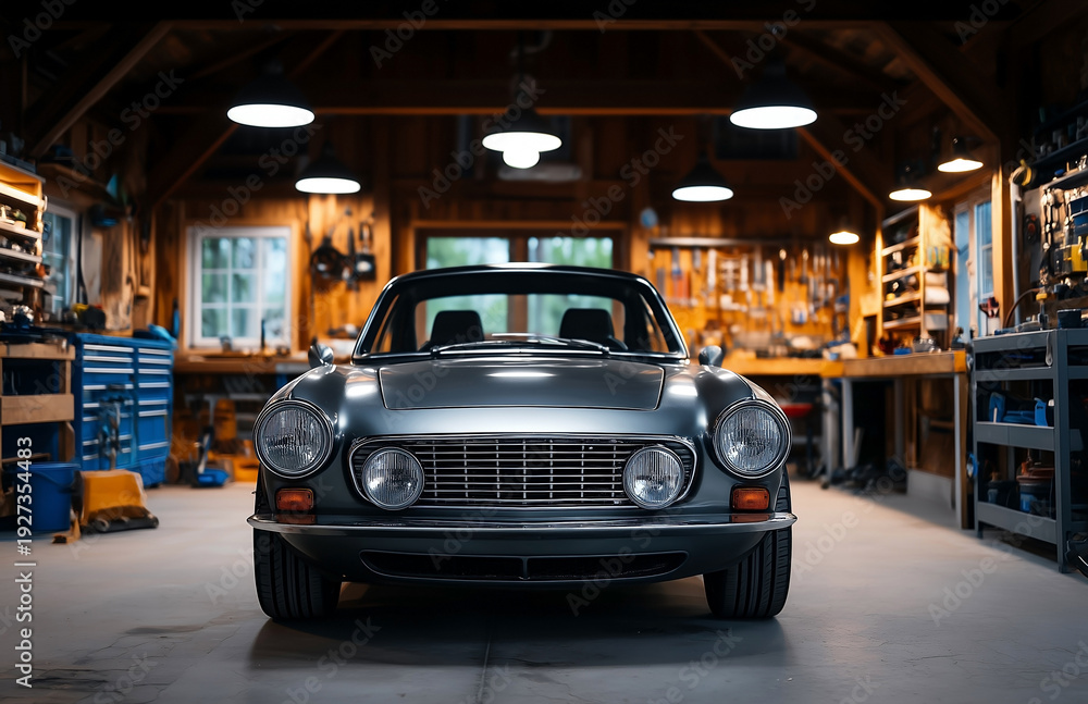 Fototapeta premium Front view of classic silver sports car parked inside organized wooden workshop garage with tools and lights