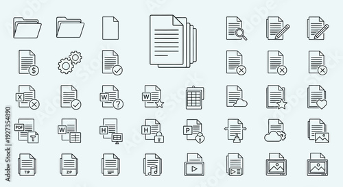 Document File Icons Set: Folders, Pages, Settings, Trash, Cloud, PDF, Word, Music, Video, Image