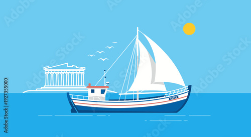 Sailing Boat by Ancient Temple