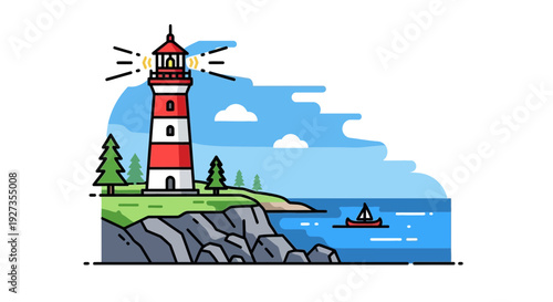 lighthouse, beacon tower, coastal landscape, seaside, ocean view, rocky cliff, maritime, navigation, sea coast, red white lighthous