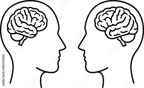 Two human heads with brains visible in profile facing each other in a simple line drawing style