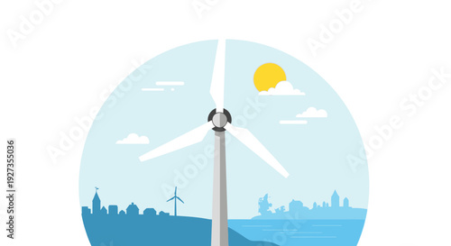 Wind turbine renewable energy vector illustration, large windmill in foreground with smaller turbines in background, blue color palette, flat design style, clean minimal shapes, eco friendly concept, 