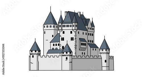 Medieval fantasy castle vector illustration, gray stone fortress with multiple towers and blue pointed roofs, flat design style, isolated on white background, clean outline, simple shading, fairytale 
