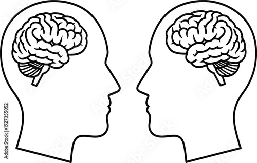 Two human heads with brains facing each other in profile view