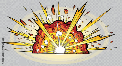 Explosion Comic Book Style, Fire Burst, Debris, Dynamic Action, Bright Yellow Rays
