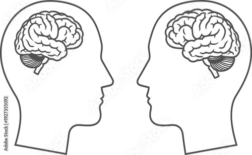 Two human heads with brains facing each other in profile view