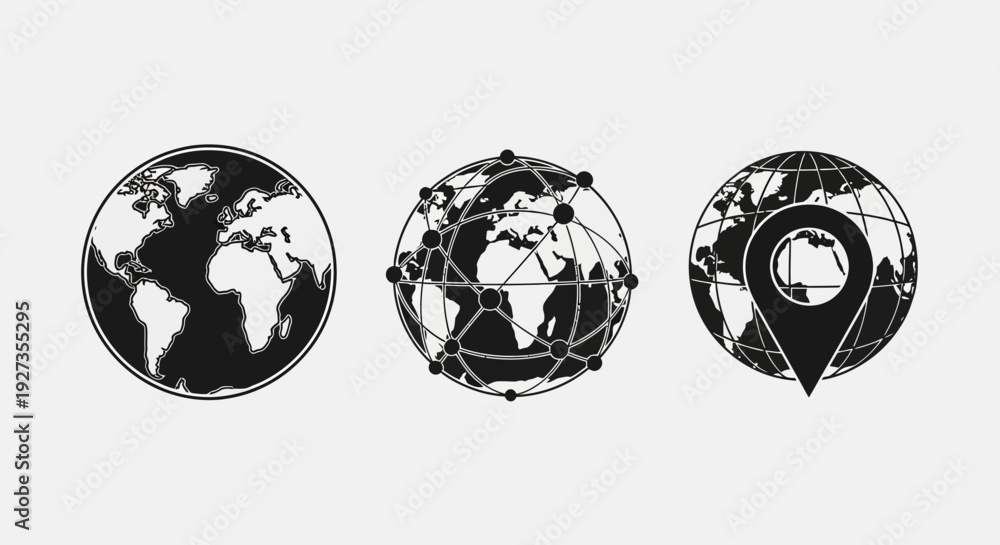 Obraz premium Global Network and Location Icons: World Map, Connected Globe, and Map Pin